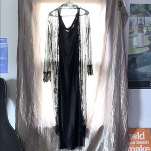 Black Two piece silk lingerie dress & lace shawl